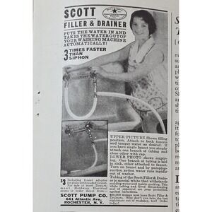 1932 Vintage Ad Scott Filler & Drainer for Washing Machines Faster Than Siphon